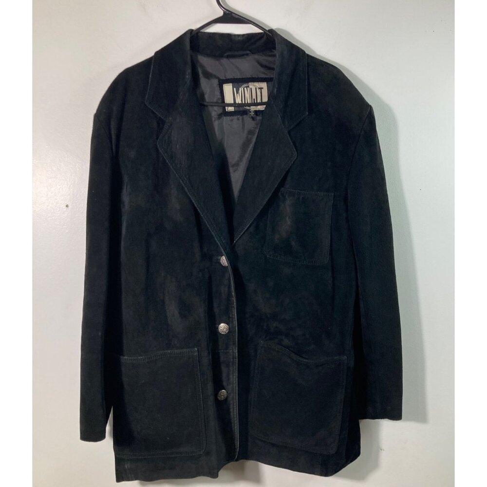 Womens 90s Winlet Suede Utility Chore Jacket Lined M Black Leather Nylon Taffeta